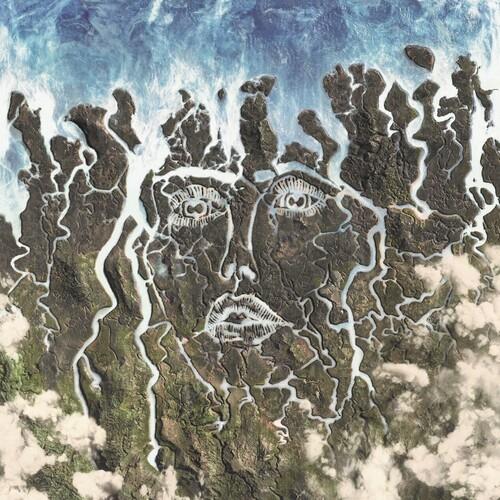 Aerial view of a textured landscape with a face formed by white rivers and clouds