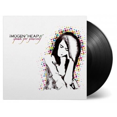White vinyl sleeve with black and white portrait illustration surrounded by colorful dots