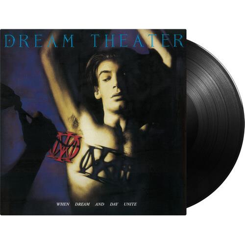 Black vinyl LP partially removed from its illustrated album sleeve featuring a figure with raised ar