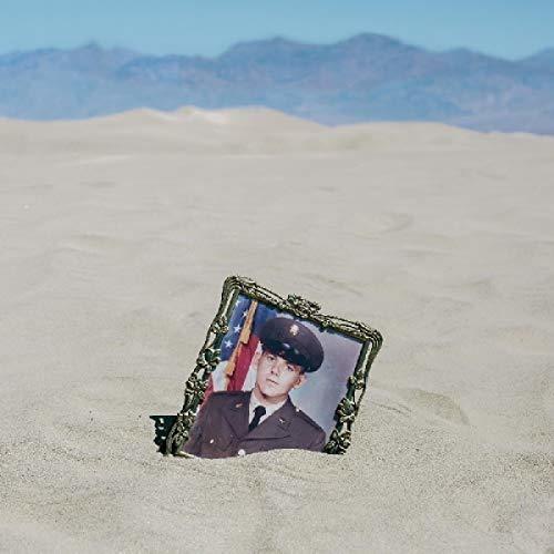 Ornate gold frame with a vintage portrait half-buried in desert sand