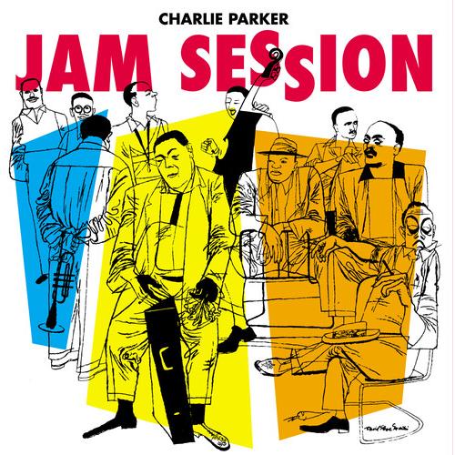 Illustrated album cover featuring a group of jazz musicians in blue, yellow, and orange color blocks