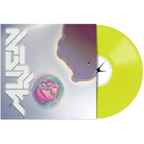 Neon yellow vinyl record partially removed from silver album sleeve with abstract artwork
