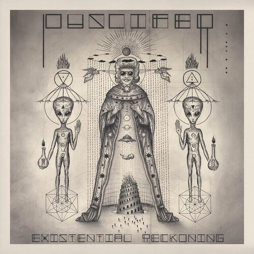 Black and white illustrated album cover featuring a central robed figure flanked by two alien beings