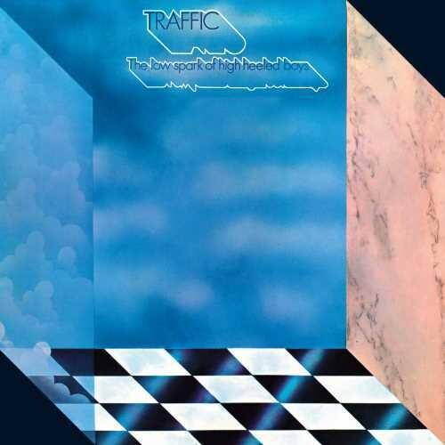 Blue album cover with cloud imagery, geometric shapes, and a black and white checkered floor