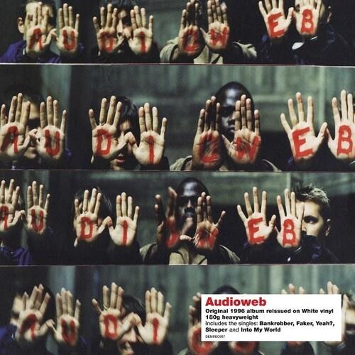White vinyl LP cover featuring multiple hands with red letters painted on the palms