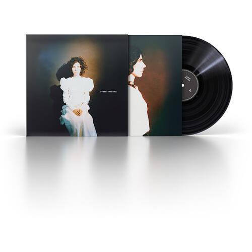 Black vinyl record partially removed from a dark album sleeve featuring a portrait of a woman in a w