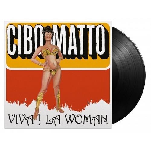 Black vinyl record partially removed from album sleeve featuring illustrated woman in gold bikini