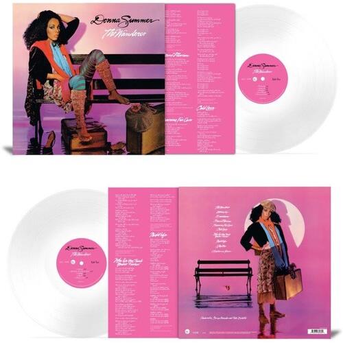 White vinyl LP with pink center label and pink gatefold sleeve featuring a woman on a bench