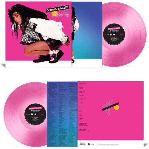 Translucent pink colored vinyl record with black center label and pink album sleeve