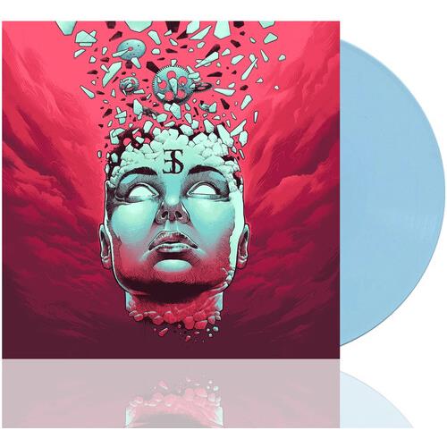 Baby blue vinyl record next to album cover with a surreal illustration of a face shattering