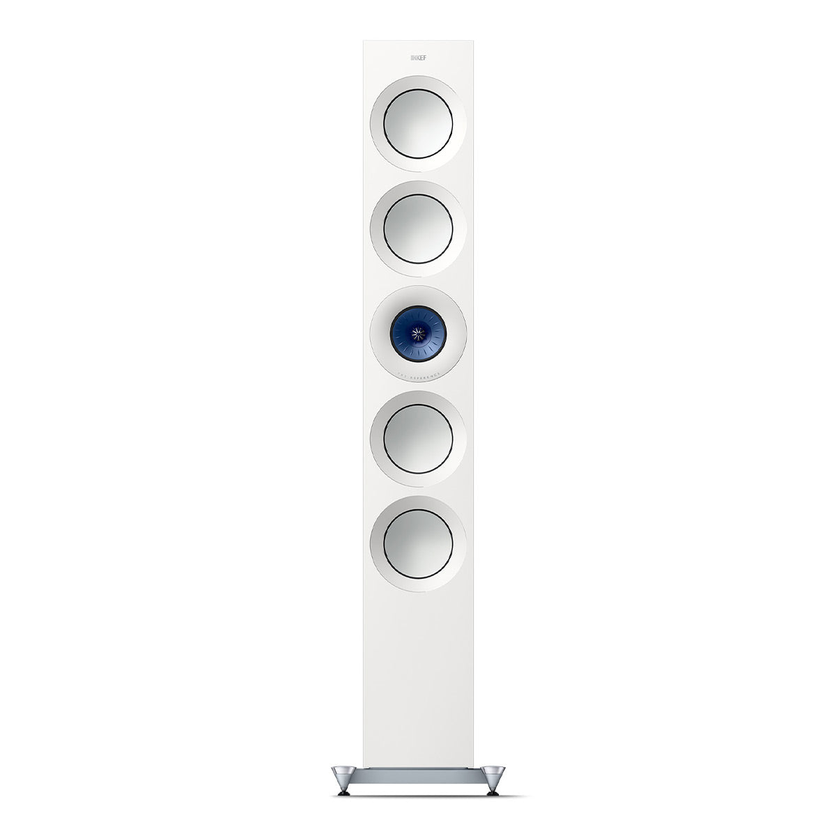 White floorstanding speaker with five circular drivers and a blue central tweeter