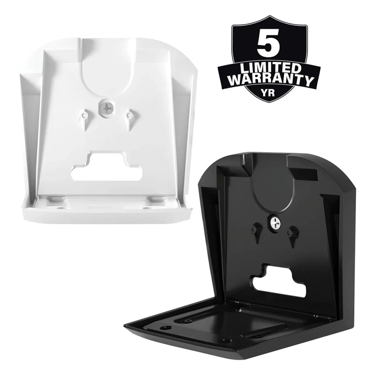 Black and white plastic wall mount brackets with mounting screws and cable management cutouts