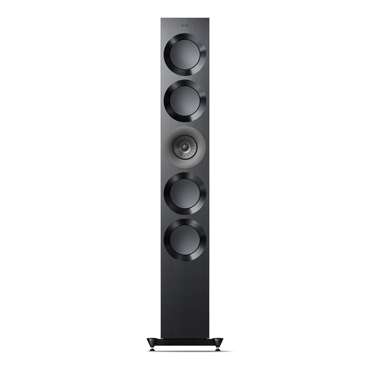 Tall black floorstanding speaker with five circular drivers and a central tweeter