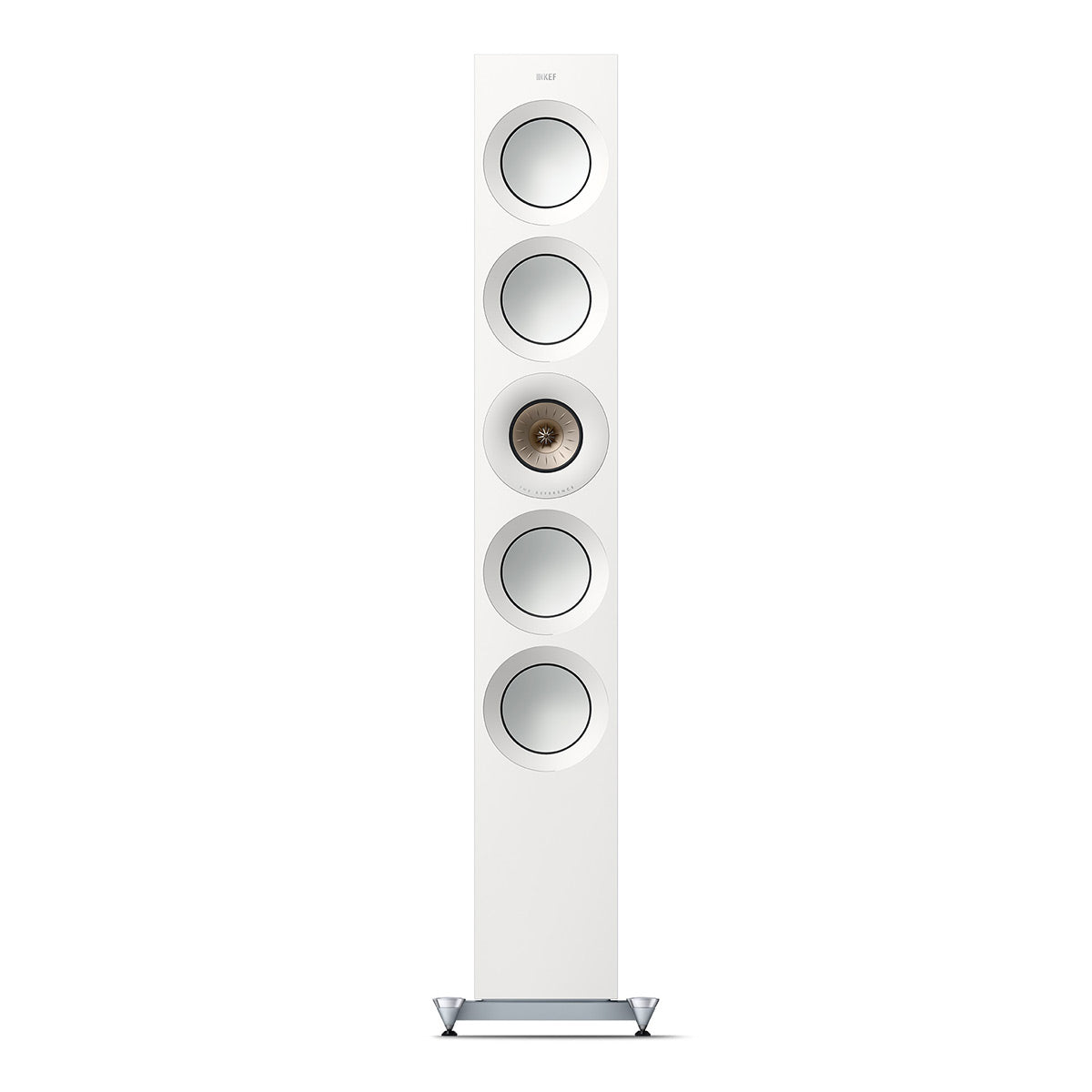 White floorstanding speaker with five vertically aligned drivers and a metallic base