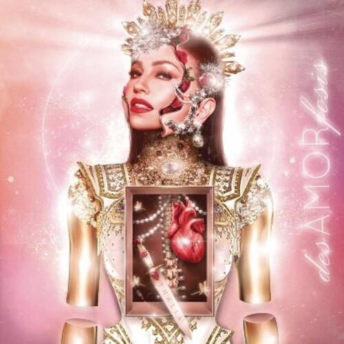 Woman in gold crown and jeweled armor with a framed anatomical heart on her chest