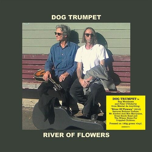 Green vinyl LP cover featuring two men sitting on a bench with a guitar case