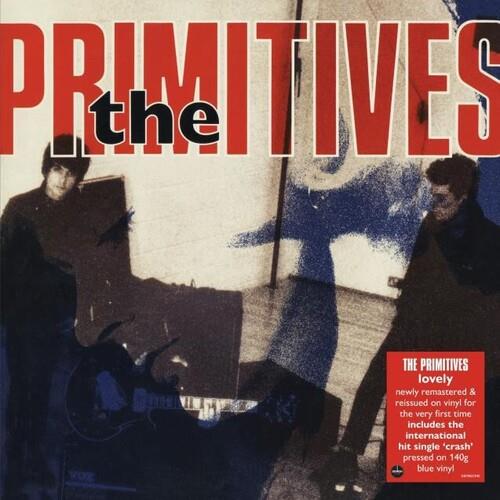 Blue vinyl LP with a black and white band photo and red typography on the cover