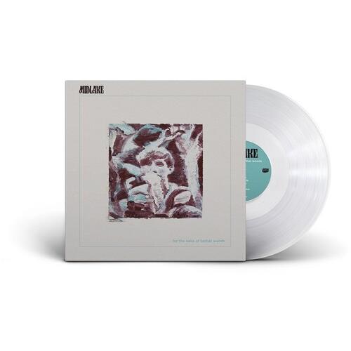 Clear vinyl record with white sleeve featuring abstract maroon and blue artwork