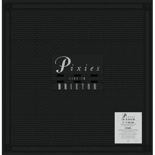 Black brick-patterned box set with white Pixies logo and concert details