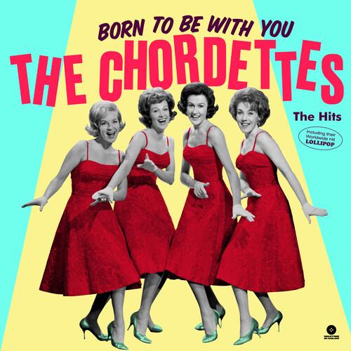 Four women in matching red dresses and heels posing against a yellow and teal background