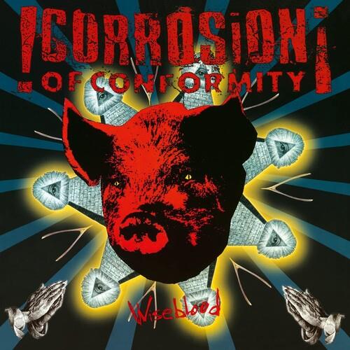 Black vinyl LP cover featuring a red pig head with radiating blue rays and occult symbols