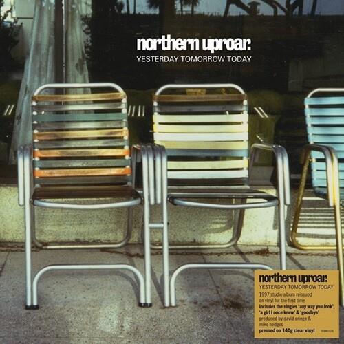Clear vinyl LP cover featuring three metal slat chairs on a sidewalk