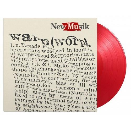 Translucent red colored vinyl record partially removed from a beige sleeve with dictionary-style tex
