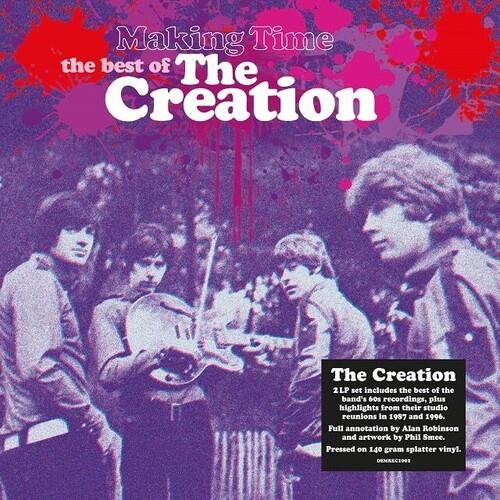 Purple and red splatter vinyl LP cover featuring a band photo with guitars