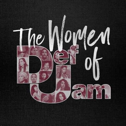Black vinyl LP cover featuring white script text and a collage of women's portraits within the lette