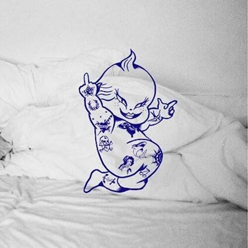 Blue vinyl decal of a tattooed Kewpie doll making hand gestures