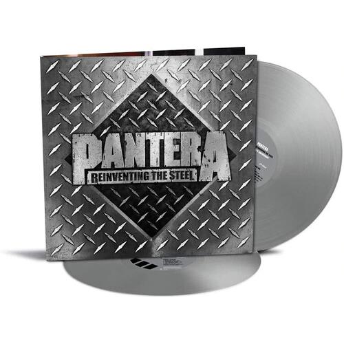 Silver colored vinyl record with diamond plate gatefold sleeve featuring bold band logo