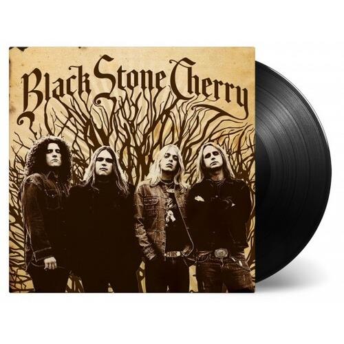 Black vinyl record partially removed from a tan album cover featuring four band members and bare tre