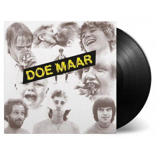 Black vinyl record partially removed from a white sleeve featuring a collage of black-and-white port