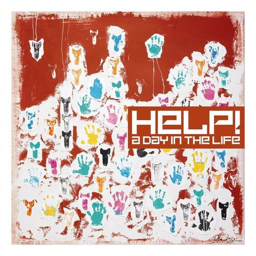 Vinyl LP cover with a red and white background featuring colorful handprints and the title text