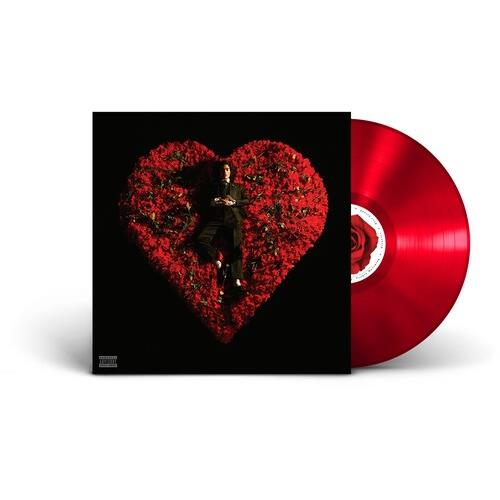 Red translucent vinyl record with black sleeve featuring a heart made of red roses