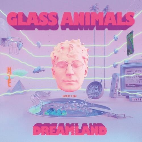 Pink vinyl album cover featuring a surreal floating head with sunglasses above a swimming pool