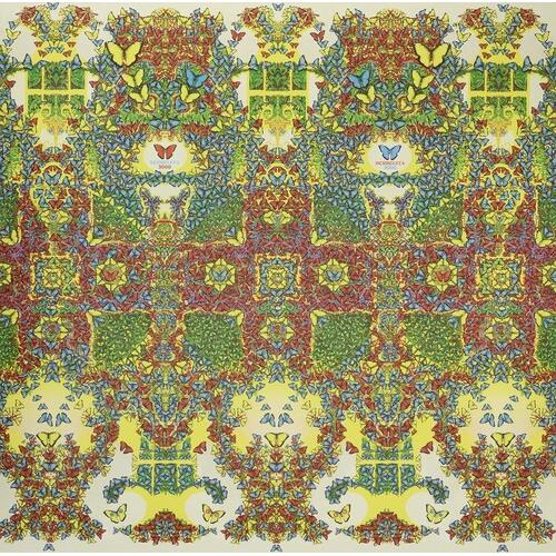 Colorful psychedelic kaleidoscope pattern with butterflies and floral motifs