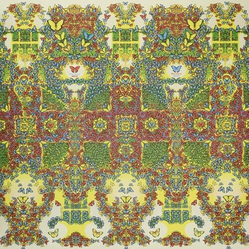 Colorful psychedelic vinyl sleeve with symmetrical butterfly and floral patterns