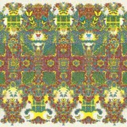 Psychedelic kaleidoscope pattern in green, red, and yellow on a white background
