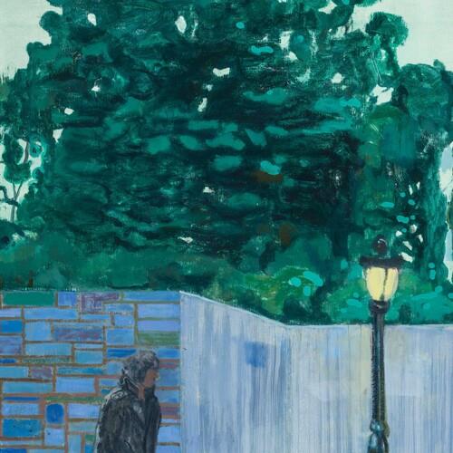 Vinyl LP cover art featuring a painted scene with a figure, brick wall, and street lamp