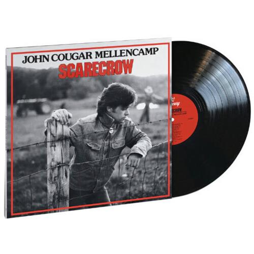 Black vinyl record partially removed from album cover featuring a man leaning on a fence