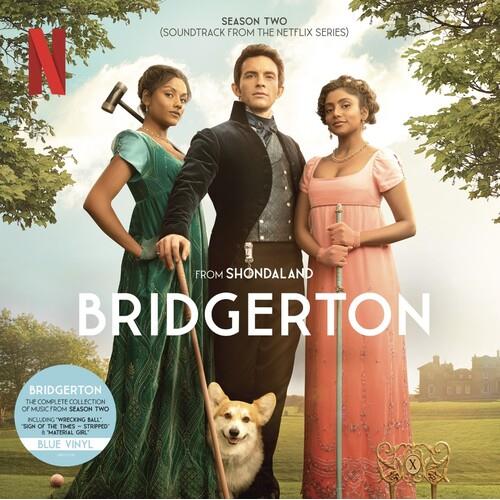 Blue vinyl LP cover featuring three characters in Regency-era gowns and suit with a corgi