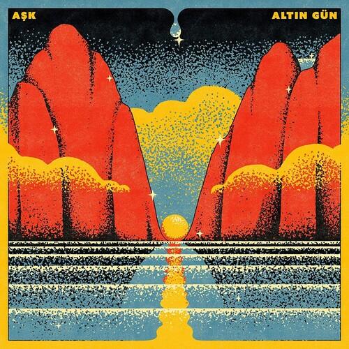 Red vinyl LP cover featuring stylized red mountains, a yellow sun, and a starry sky