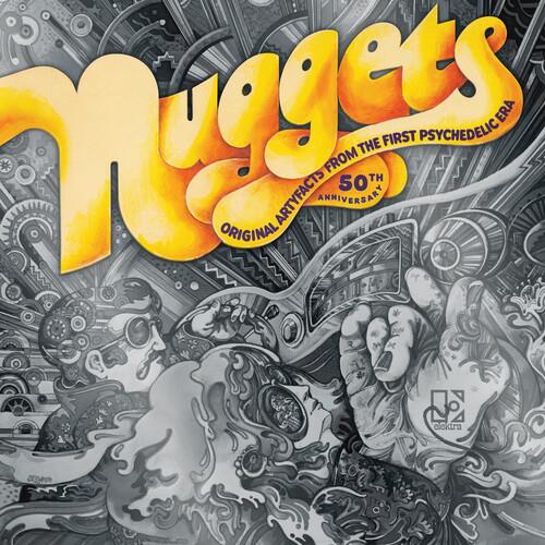Psychedelic album cover with large yellow bubble lettering and intricate black and white illustratio