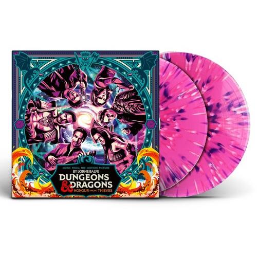 Two translucent pink vinyl records with purple splatter next to an illustrated album cover
