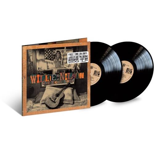 Gatefold vinyl record sleeve with two black 180-gram LPs displayed beside it