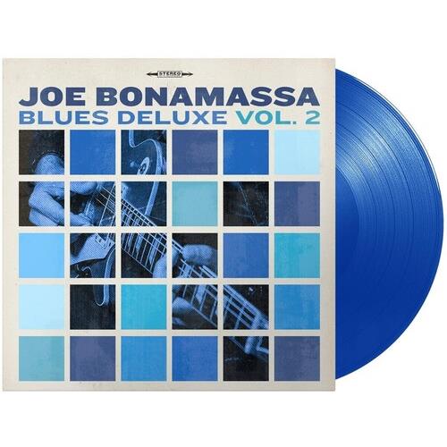 Blue vinyl record partially removed from a white sleeve featuring a blue grid design with guitar ima