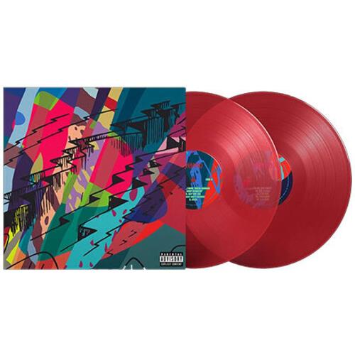 Translucent red vinyl LPs with colorful geometric album artwork