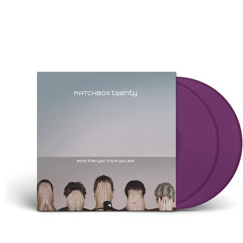 Violet vinyl LP partially removed from a gray album sleeve featuring five people covering their face