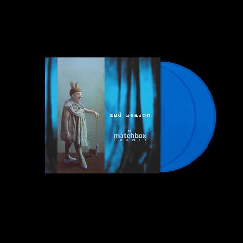 Sky blue vinyl record partially removed from its sleeve featuring a person in a bunny costume